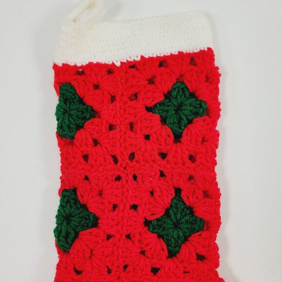 Vintage Crochet Knitted Christmas Stocking Red Green Handmade - Picture 2 of 7